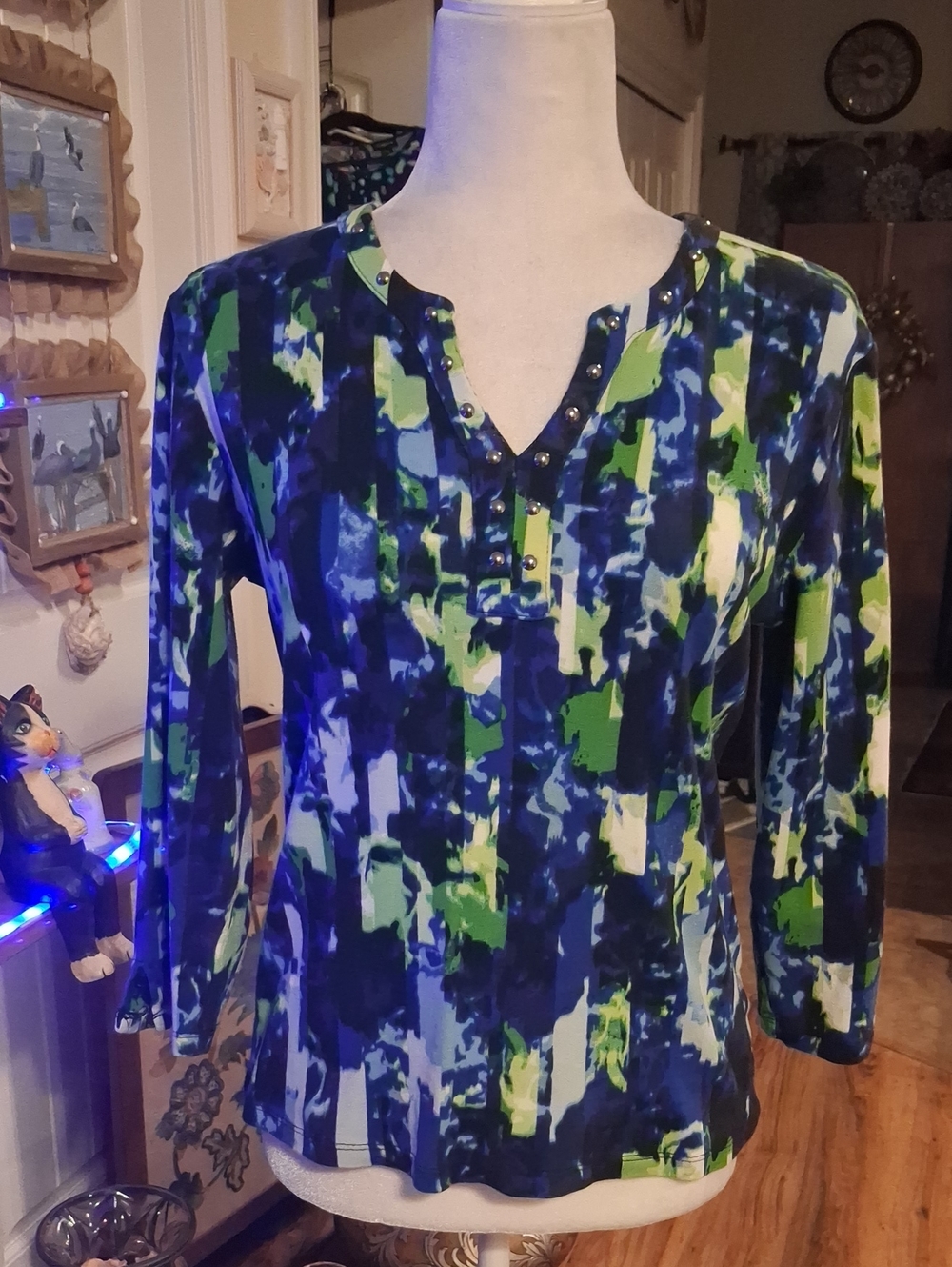 Rafaella Blue and Green Abstract Blouse Long-Sleeve Top